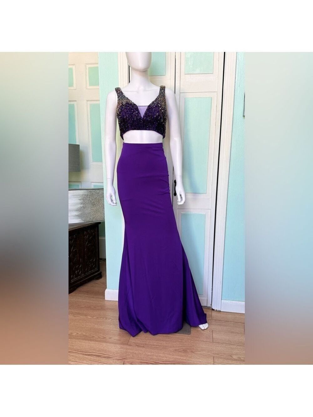 Size 0 Purple Fitted Prom 2 piece Dress Mermaid Gown Stretch Skirt Stoned bodice